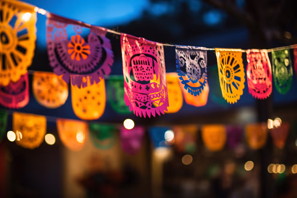 Colorful traditional Mexican papel picado decorations hanging on a string at night.